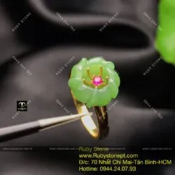 Nhẫn nụ Hoa mẫu đơn ngọc bích Canada, vàng 10k - Ảnh 3