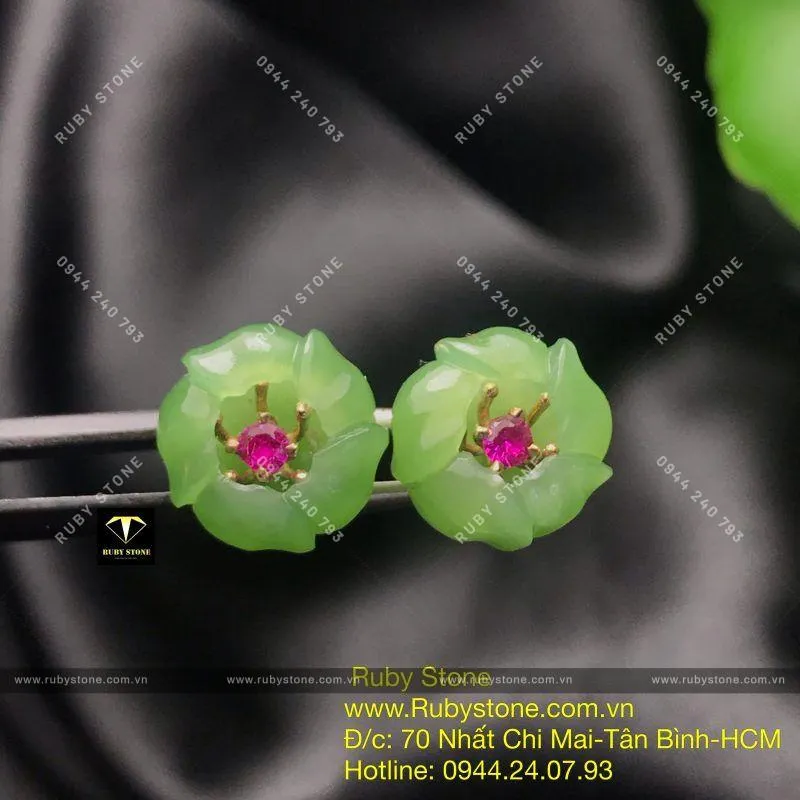 Khuyên tai Hoa mẫu đơn Ngọc bích, vàng 10k Khuyên tai Hoa mẫu đơn Ngọc bích, vàng 10k - Ảnh 2