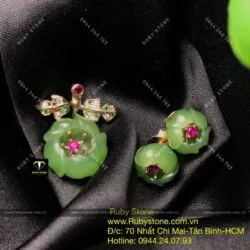 Khuyên tai Hoa mẫu đơn Ngọc bích, vàng 10k Khuyên tai Hoa mẫu đơn Ngọc bích, vàng 10k