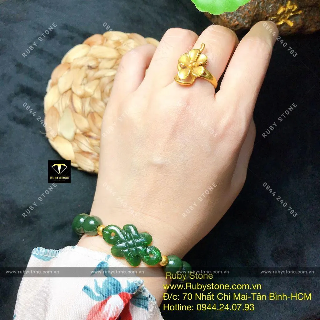 Vòng tay mix Đồng tâm kết Ngọc bích, bi vàng 24k Vòng tay mix Đồng tâm kết Ngọc bích, bi vàng 24k