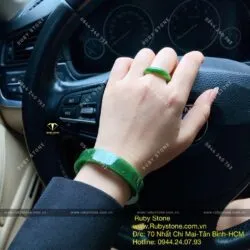 Bộ sản phẩm vòng bản vuông 12mm Ngọc bích xanh lý và nhẫn tròn 6mm