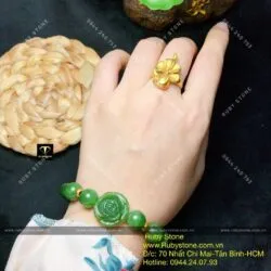 Vòng chuỗi Ngọc bích mix hoa mẫu đơn, bi vàng 24k