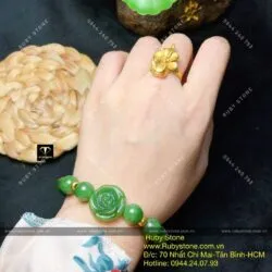 Vòng chuỗi Ngọc bích mix hoa mẫu đơn, bi vàng 24k - Ảnh 4