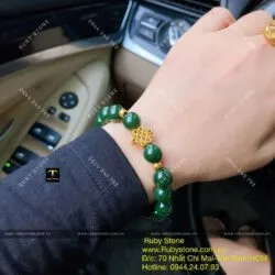 Vòng chuỗi ngọc bích Canada màu đậm, mix charm vàng 24k