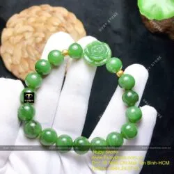 Vòng chuỗi Ngọc bích mix hoa mẫu đơn, bi vàng 24k - Ảnh 6