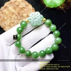 Vòng ngọc bích Canada mix Mạn đà la khắc Lục tự minh chân ngôn, bi vàng 24k - Hình ảnh 5