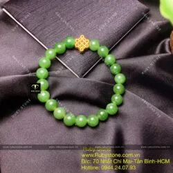 Vòng tay ngọc bích Canada bông lý xanh 8 ly, mix charm Đồng tâm kết vàng 24k - Hình ảnh 6