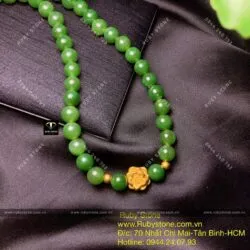 Chuỗi cổ ngọc bích Canada 8 ly, mix charm vàng hoa sen 24k - Ảnh 5