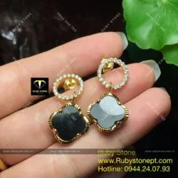 Khuyên tai cỏ 4 cánh Ngọc bích đen, vàng 18k