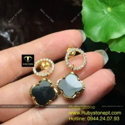 Khuyên tai cỏ 4 cánh Ngọc bích đen, vàng 18k - Ảnh 4