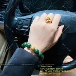 Vòng chuỗi ngọc bích Canada màu đậm 14 ly, mix charm vàng 24k - Hình ảnh 5