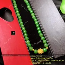 Chuỗi cổ ngọc bích Canada 8 ly, mix charm vàng hoa sen 24k - Ảnh 2