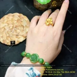 Vòng chuỗi Ngọc bích mix hoa mẫu đơn, bi vàng 24k - Ảnh 2
