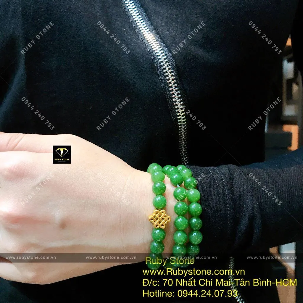Vòng tay Ngọc bích Canada 8 ly, cuốn 3 mix charm vàng 24k Vòng tay Ngọc bích Canada 8 ly, cuốn 3 mix charm vàng 24k