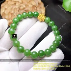 Vòng tay ngọc bích Canada bông lý xanh 8 ly, mix charm Đồng tâm kết vàng 24k - Hình ảnh 7