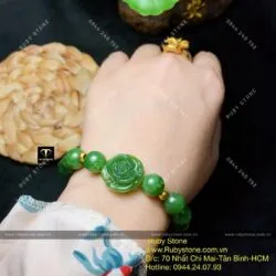 Vòng chuỗi Ngọc bích mix hoa mẫu đơn, bi vàng 24k - Ảnh 3