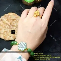 Vòng ngọc bích Canada mix Mạn đà la khắc Lục tự minh chân ngôn, bi vàng 24k - Hình ảnh 3