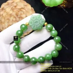 Vòng ngọc bích Canada mix Mạn đà la khắc Lục tự minh chân ngôn, bi vàng 24k - Hình ảnh 4