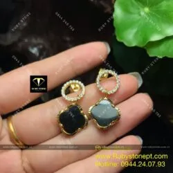 Khuyên tai cỏ 4 cánh Ngọc bích đen, vàng 18k - Ảnh 6
