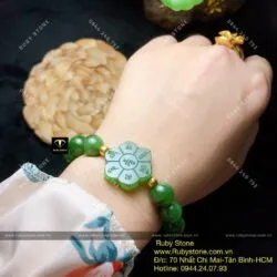 Vòng ngọc bích Canada mix Mạn đà la khắc Lục tự minh chân ngôn, bi vàng 24k - Hình ảnh 2