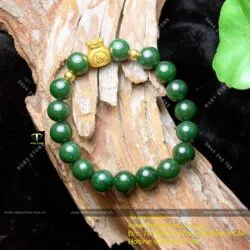 Vòng Ngọc bích Canada xanh đậm 10 ly, mix charm vàng túi tiền 24k