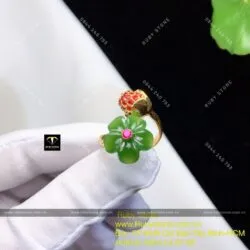 Nhẫn hoa mai búp đỏ Ngọc bích free size, vàng 18k - Hình ảnh 8