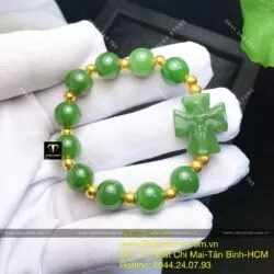 Vòng Mân Côi ngọc bích Canada, mix bi vàng 24k - Hình ảnh 6