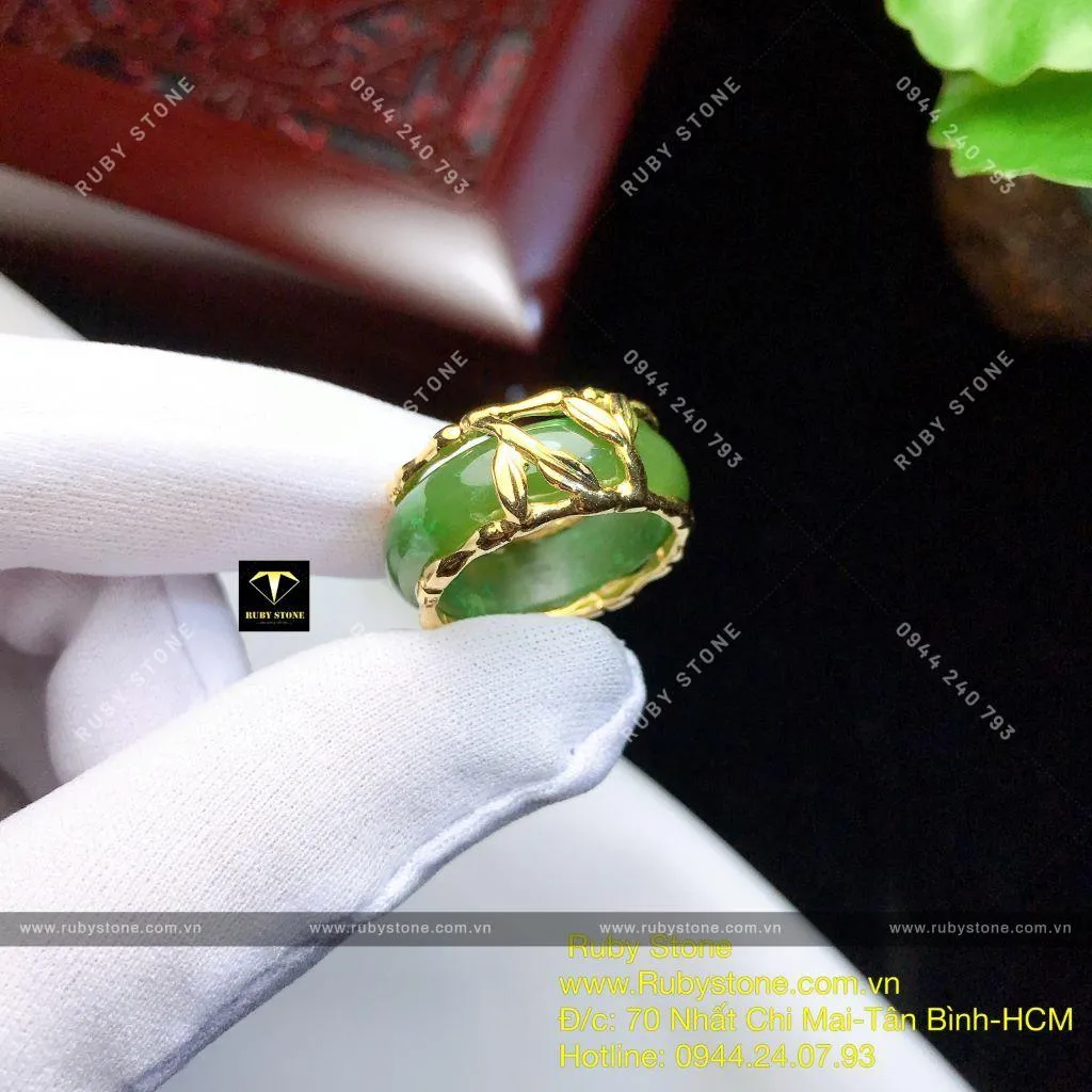 Nhẫn ngọc bích Canada kiểu đốt trúc, vàng 10k Nhẫn ngọc bích Canada kiểu đốt trúc, vàng 10k - Ảnh 3