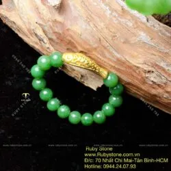 Vòng Ngọc bích Canada 10 ly, mix charm Cá chép vàng 24k