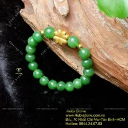 Vòng tay ngọc bích Canada 10 ly, mix charm Cỏ 4 cánh vàng 24k - Hình ảnh 6