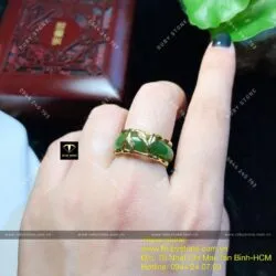 Nhẫn ngọc bích Canada kiểu đốt trúc, vàng 10k Nhẫn ngọc bích Canada kiểu đốt trúc, vàng 10k