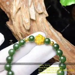Vòng ngọc bích Canada 8 ly xanh đậm, mix charm Hoa sen vàng 24k - Ảnh 3