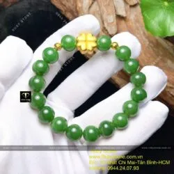Vòng tay ngọc bích Canada 10 ly, mix charm Cỏ 4 cánh vàng 24k - Hình ảnh 5