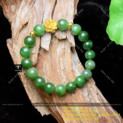 Vòng ngọc bích Canada 10 ly mix charm vàng hoa sen 24k