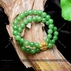Vòng Ngọc bích Canada 8 ly đôi, mix charm Cỏ 4 cánh vàng 24k