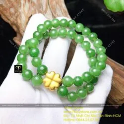 Vòng Ngọc bích Canada 8 ly đôi, mix charm Cỏ 4 cánh vàng 24k - Hình ảnh 4