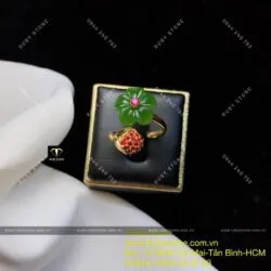 Nhẫn hoa mai búp đỏ Ngọc bích free size, vàng 18k - Hình ảnh 6