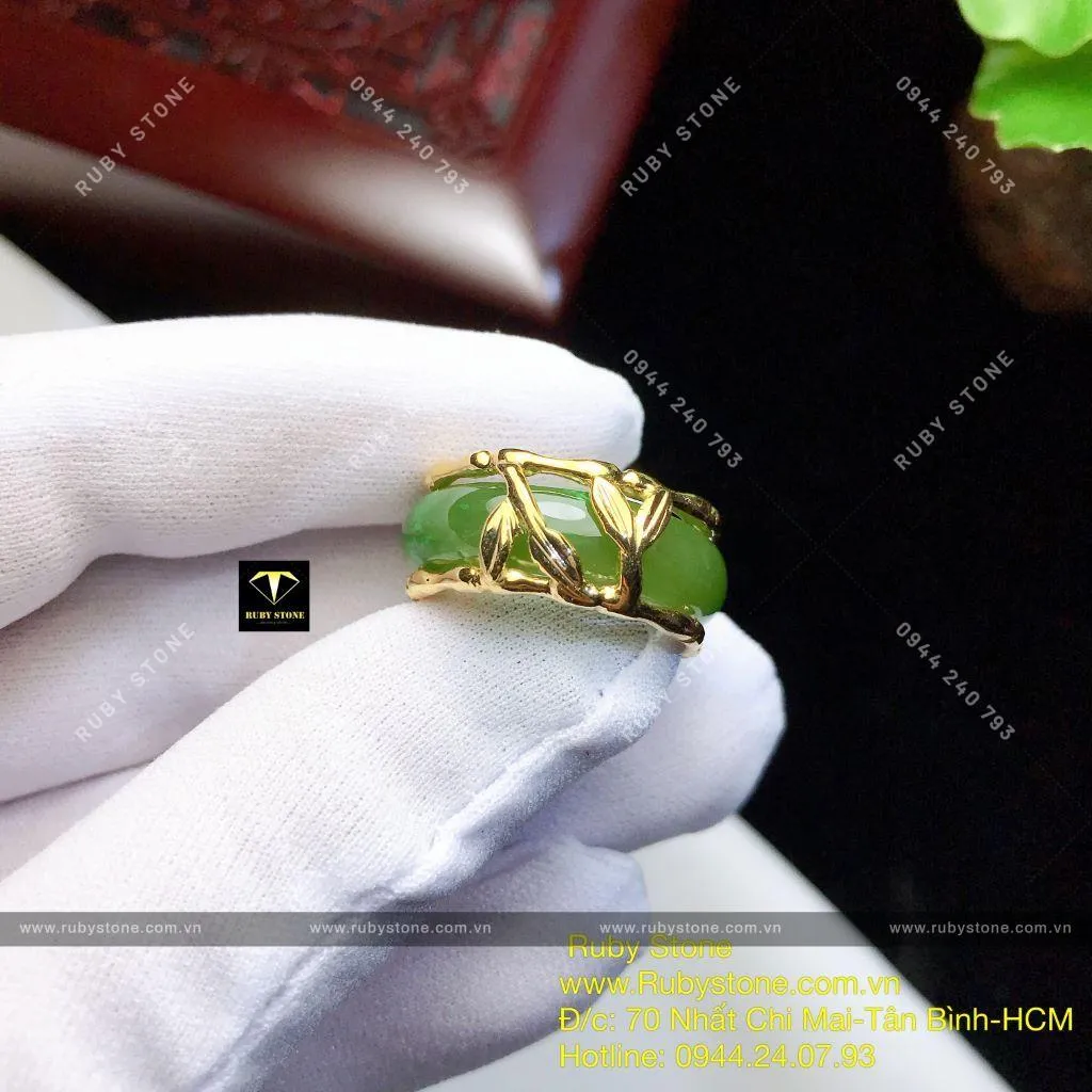 Nhẫn ngọc bích Canada kiểu đốt trúc, vàng 10k Nhẫn ngọc bích Canada kiểu đốt trúc, vàng 10k - Ảnh 2