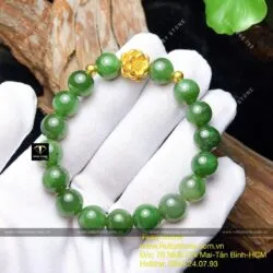 Vòng ngọc bích Canada 10 ly mix charm vàng hoa sen 24k - Hình ảnh 5
