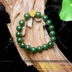 Vòng ngọc bích Canada 10 ly, mix charm vàng trái tim 24k