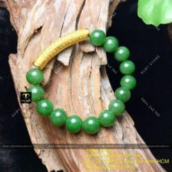 Vòng tay ngọc bích Canada 10 ly, mix charm Bát Nhã Tâm Kinh vàng 24k