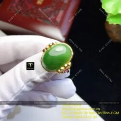 Nhẫn Oval ngọc bích đính 2 hột đỏ, vàng 10k - Ảnh 6