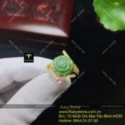 Nhẫn hoa mẫu đơn Ngọc bích đính tấm trắng đỏ, vàng 10k - Ảnh 4