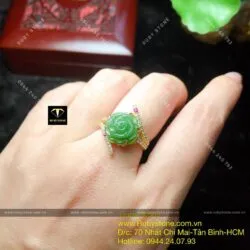 Nhẫn hoa mẫu đơn Ngọc bích đính tấm trắng đỏ, vàng 10k - Ảnh 6