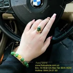 Bộ vòng Ngọc bích mix charm vàng 24k và nhẫn Oval, vàng 10k - Hình ảnh 4