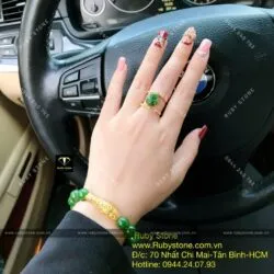 Bộ sản phẩm vòng ngọc bích 10 ly mix charm vàng 24k và nhẫn hồ ly, vàng 10k