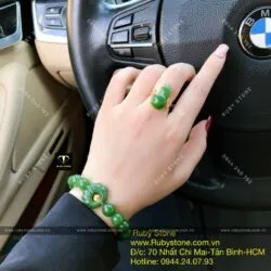 Bộ vòng chuỗi Ngọc bích mix liên hoa, bi vàng 24k và nhẫn hồ lô ngọc bích, vàng 10k - Ảnh 2