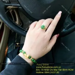 Bộ sản phẩm vòng tay ngọc bích 8 ly mix charm hồ ly vàng 24k và nhẫn hồ ly vàng 10k - Ảnh 4