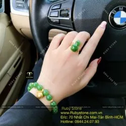 Bộ vòng chuỗi Ngọc bích 10 ly mix charm vàng 24k và nhẫn hồ lô ngọc bích, vàng 10k