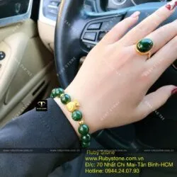 Bộ vòng ngọc bích 10 ly mix charm vàng 24k và nhẫn Oval, vàng 18k - Hình ảnh 2